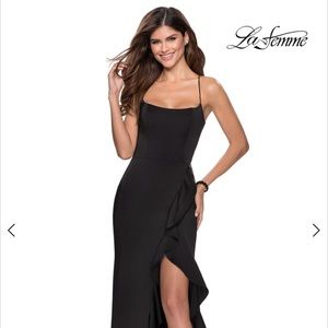 La Femme Black Lace-Up Back Side-Ruffle Satin Gown Size 4 $368